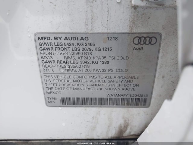45657384 :رقم المزاد ، WA1ANAFY1K2042543 vin ، 2019 Audi Q5 45 Premium مزاد بيع