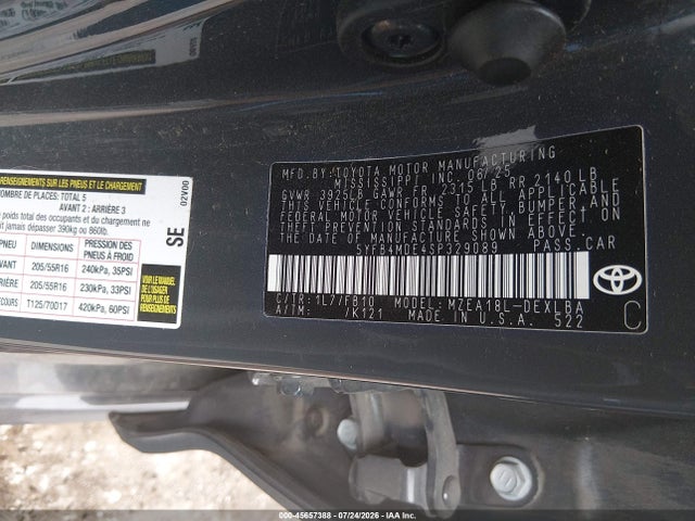 45657388 :رقم المزاد ، 5YFB4MDE4SP329089 vin ، 2025 Toyota Corolla Le مزاد بيع