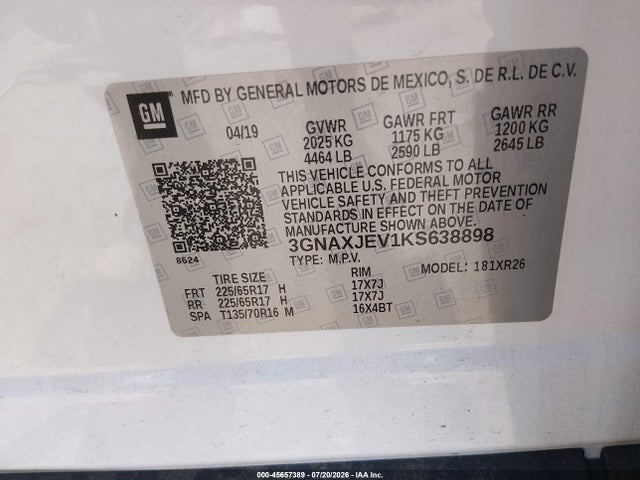 45657389 :رقم المزاد ، 3GNAXJEV1KS638898 vin ، 2019 Chevrolet Equinox Lt مزاد بيع