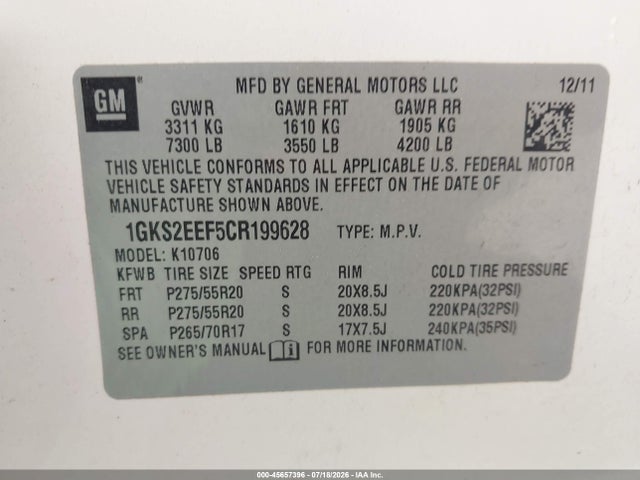 2012 Gmc Yukon Denali მანქანა იყიდება აუქციონზე, vin: 1GKS2EEF5CR199628, აუქციონის ნომერი: 45657396