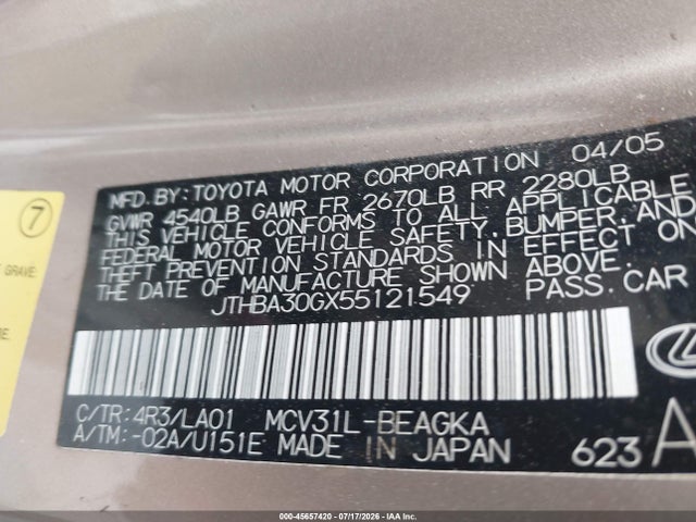 Aukcja sprzedaży 2005 Lexus Es 330, vin: JTHBA30GX55121549, numer aukcji: 45657420