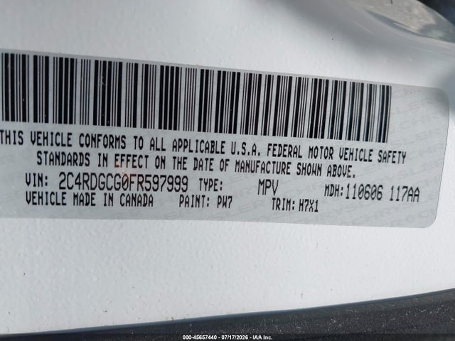 45657440 :رقم المزاد ، 2C4RDGCG0FR597999 vin ، 2015 Dodge Grand Caravan Sxt مزاد بيع