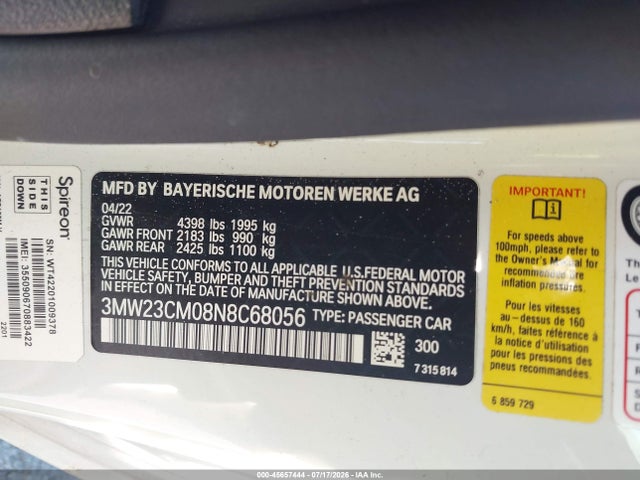 2022 Bmw 230 I მანქანა იყიდება აუქციონზე, vin: 3MW23CM08N8C68056, აუქციონის ნომერი: 45657444