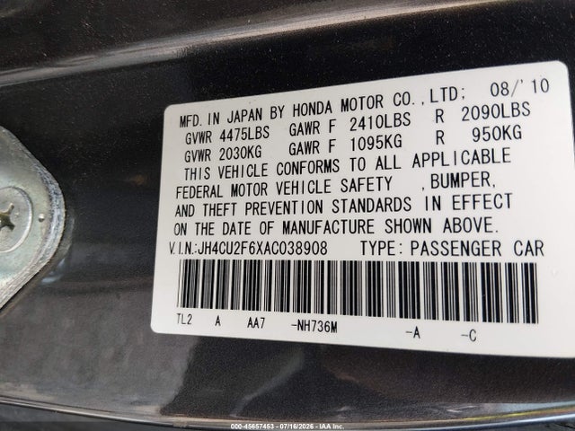 45657453 :رقم المزاد ، JH4CU2F6XAC038908 vin ، 2010 Acura Tsx 2.4 مزاد بيع