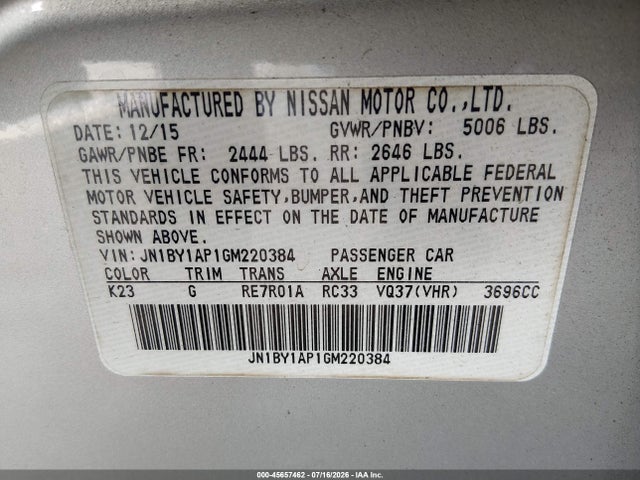 2016 Infiniti Q70 3.7 მანქანა იყიდება აუქციონზე, vin: JN1BY1AP1GM220384, აუქციონის ნომერი: 45657462