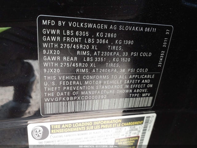 Продаж на аукціоні авто 2012 Volkswagen Touareg Tdi Executive, vin: WVGFK9BPXCD000292, номер лоту: 45657474