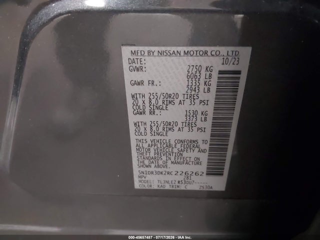 Продаж на аукціоні авто 2024 Nissan Pathfinder Platinum 4wd, vin: 5N1DR3DK2RC226262, номер лоту: 45657487