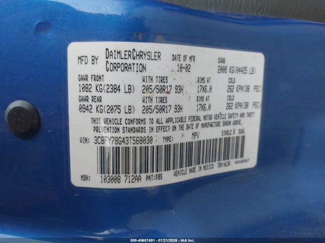 2003 Chrysler Pt Cruiser Gt მანქანა იყიდება აუქციონზე, vin: 3C8FY78G43T568030, აუქციონის ნომერი: 45657491