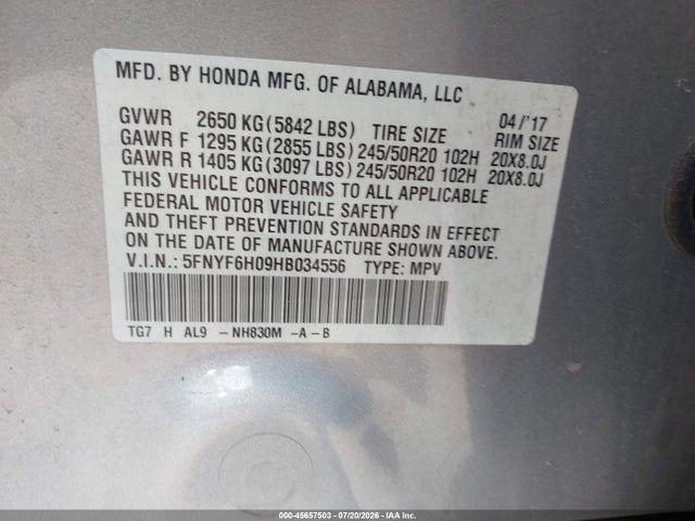 Honda Pilot Elite 2017 5FNYF6H09HB034556 Image 9