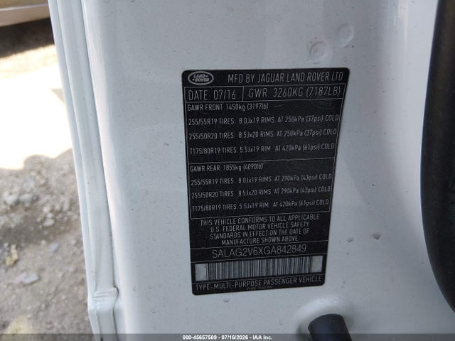 45657509 :رقم المزاد ، SALAG2V6XGA842849 vin ، 2016 Land Rover Lr4 مزاد بيع
