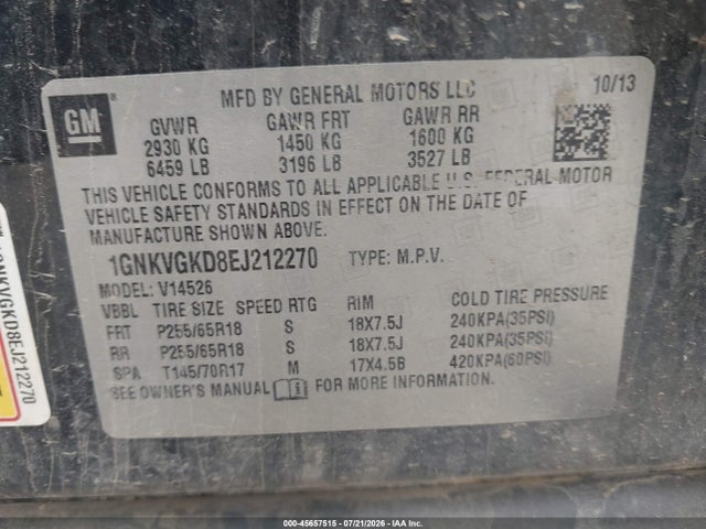 Продажа на аукционе авто 2014 Chevrolet Traverse 1lt, vin: 1GNKVGKD8EJ212270, номер лота: 45657515