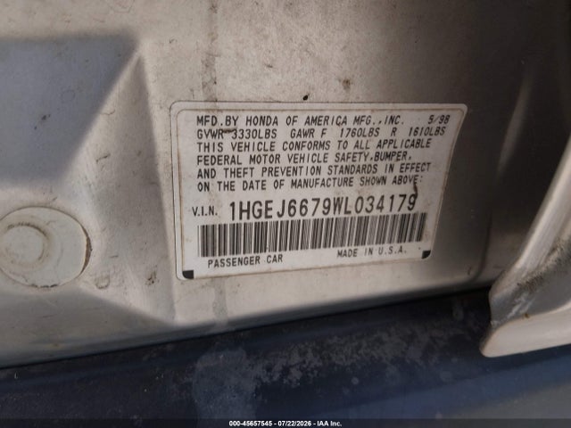 45657545 :رقم المزاد ، 1HGEJ6679WL034179 vin ، 1998 Honda Civic Lx مزاد بيع