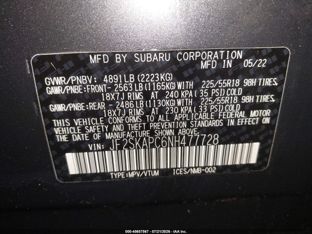 2022 Subaru Forester Limited მანქანა იყიდება აუქციონზე, vin: JF2SKAPC6NH477728, აუქციონის ნომერი: 45657567