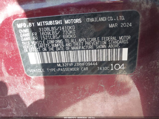 2024 Mitsubishi Mirage G4 Se მანქანა იყიდება აუქციონზე, vin: ML32FVFJ3RHF09444, აუქციონის ნომერი: 45657574