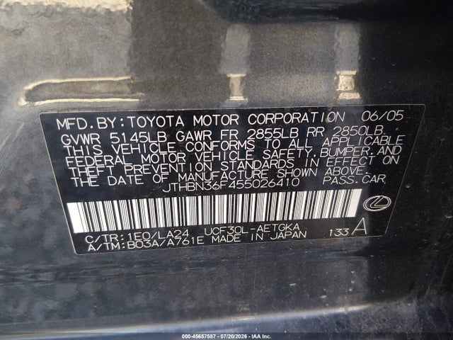 Продажа на аукционе авто 2005 Lexus Ls 430, vin: JTHBN36F455026410, номер лота: 45657587