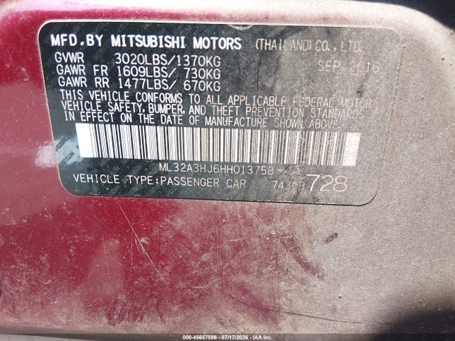 Продаж на аукціоні авто 2017 Mitsubishi Mirage Es, vin: ML32A3HJ6HH013758, номер лоту: 45657596