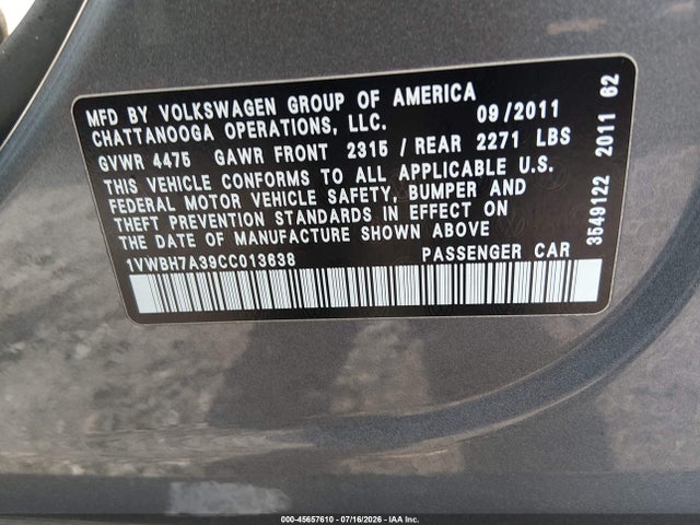 2012 Volkswagen Passat 2.5l Se მანქანა იყიდება აუქციონზე, vin: 1VWBH7A39CC013638, აუქციონის ნომერი: 45657610