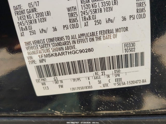 Продаж на аукціоні авто 2017 Ford Utility Police Interceptor, vin: 1FM5K8AR7HGC90280, номер лоту: 45657627