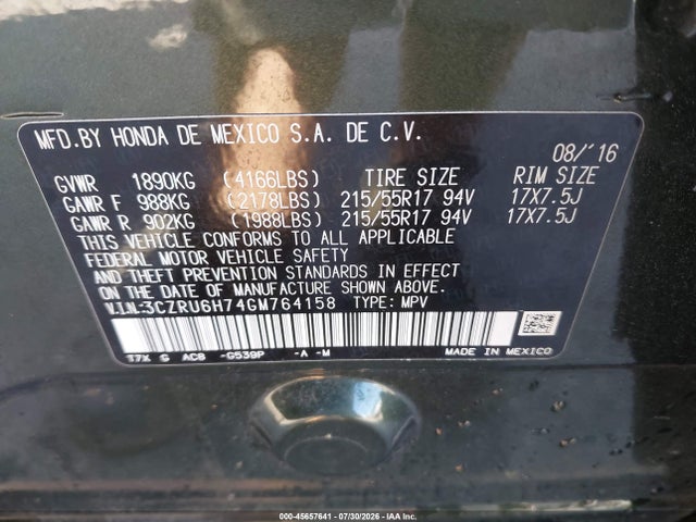 3CZRU6H74GM764158 Honda Hr-v Ex-l