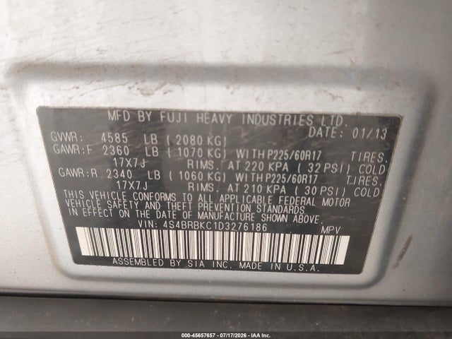 2013 Subaru Outback 2.5i Limited მანქანა იყიდება აუქციონზე, vin: 4S4BRBKC1D3276186, აუქციონის ნომერი: 45657657