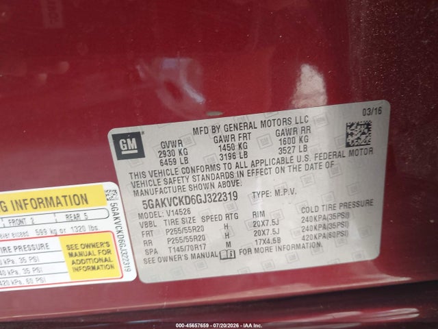 45657659 :رقم المزاد ، 5GAKVCKD6GJ322319 vin ، 2016 Buick Enclave Premium مزاد بيع