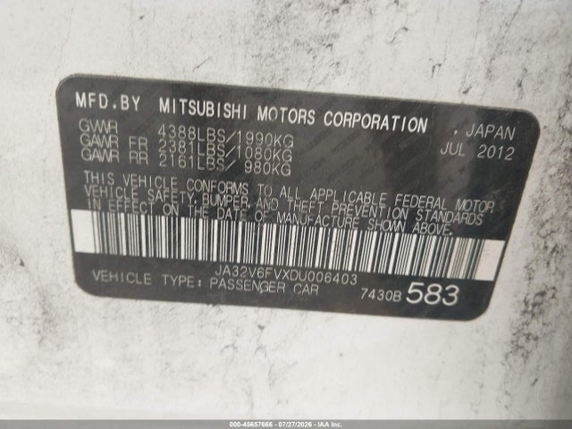 Aukcja sprzedaży 2013 Mitsubishi Lancer Ralliart, vin: JA32V6FVXDU006403, numer aukcji: 45657666