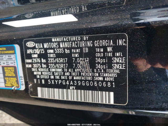 Продаж на аукціоні авто 2016 Kia Sorento 2.4l Lx, vin: 5XYPG4A39GG060681, номер лоту: 45657680