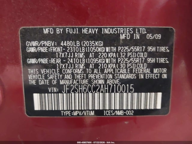 Продажа на аукционе авто 2010 Subaru Forester 2.5x Premium, vin: JF2SH6CC2AH710015, номер лота: 45657688