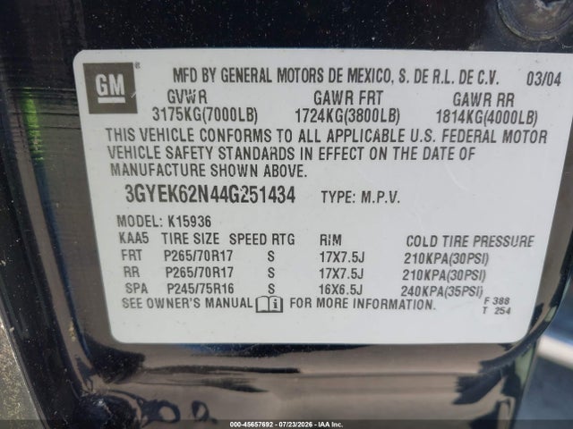 Aukcja sprzedaży 2004 Cadillac Escalade Ext Standard, vin: 3GYEK62N44G251434, numer aukcji: 45657692