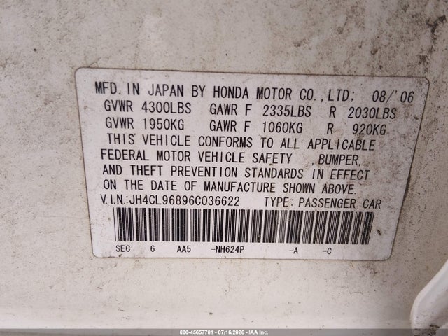 45657701 :رقم المزاد ، JH4CL96896C036622 vin ، 2006 Acura Tsx مزاد بيع