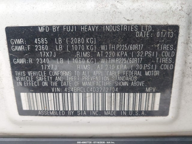 Aukcja sprzedaży 2013 Subaru Outback 2.5i Limited, vin: 4S4BRCLC4D3272704, numer aukcji: 45657720