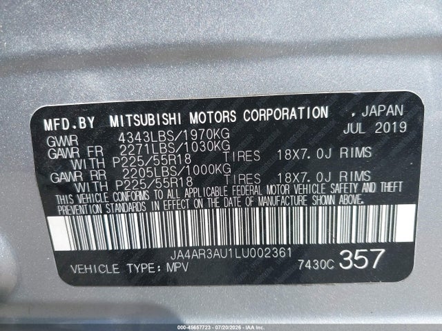 2020 Mitsubishi Outlander Sport 2.0 Es Awc მანქანა იყიდება აუქციონზე, vin: JA4AR3AU1LU002361, აუქციონის ნომერი: 45657723
