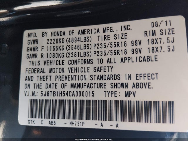 Продаж на аукціоні авто 2012 Acura Rdx, vin: 5J8TB1H54CA000015, номер лоту: 45657724