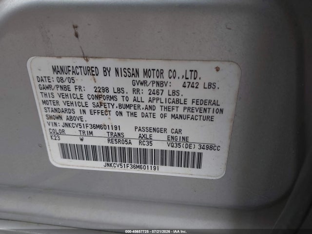 45657725 :رقم المزاد ، JNKCV51F36M601191 vin ، 2006 Infiniti G35x مزاد بيع