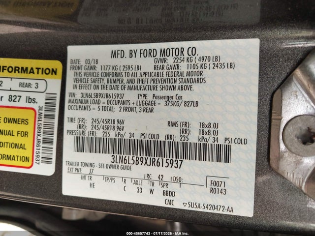 2018 Lincoln Mkz Premiere მანქანა იყიდება აუქციონზე, vin: 3LN6L5B9XJR615937, აუქციონის ნომერი: 45657743
