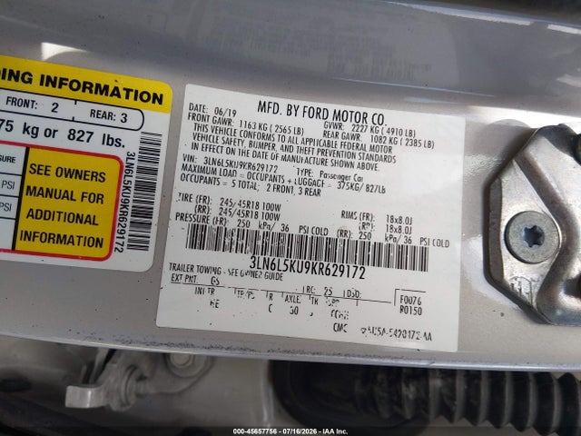 2019 Lincoln Mkz Hybrid Standard მანქანა იყიდება აუქციონზე, vin: 3LN6L5KU9KR629172, აუქციონის ნომერი: 45657756