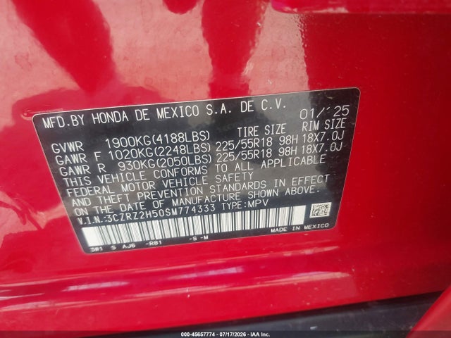 Aukcja sprzedaży 2025 Honda Hr-v Awd Sport, vin: 3CZRZ2H50SM774333, numer aukcji: 45657774