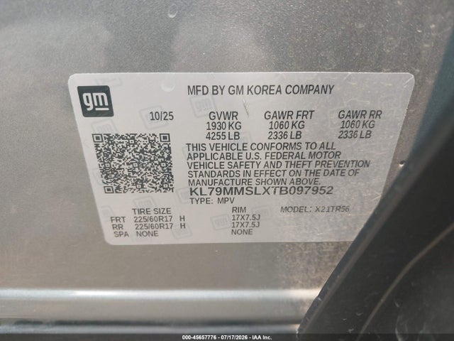 Aukcja sprzedaży 2026 Chevrolet Trailblazer Fwd Ls, vin: KL79MMSLXTB097952, numer aukcji: 45657776