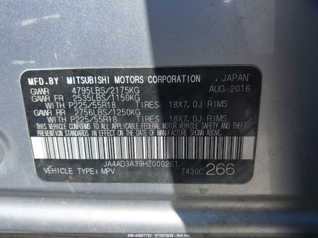 45657782 :رقم المزاد ، JA4AD3A39HZ000261 vin ، 2017 Mitsubishi Outlander Se/sel مزاد بيع