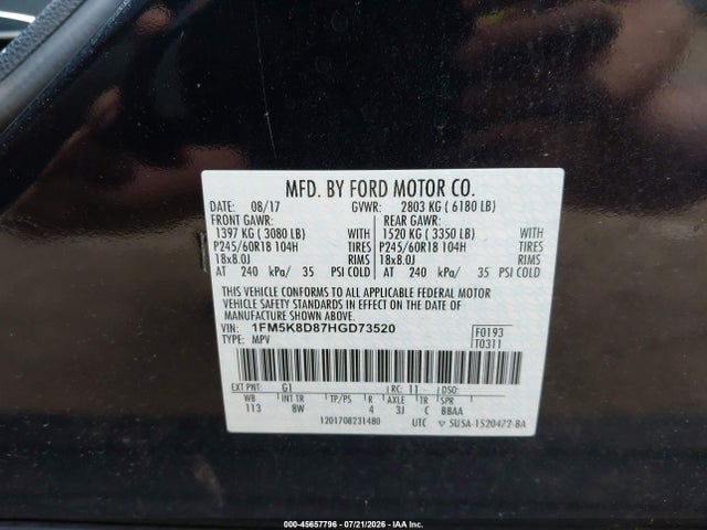 45657796 :رقم المزاد ، 1FM5K8D87HGD73520 vin ، 2017 Ford Explorer Xlt مزاد بيع
