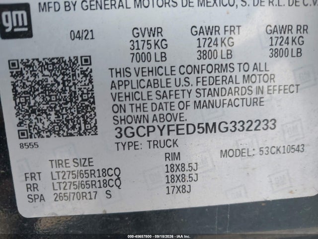 Продаж на аукціоні авто 2021 Chevrolet Silverado 1500 4wd  Short Bed Lt Trail Boss, vin: 3GCPYFED5MG332233, номер лоту: 45657800