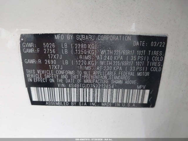 Продаж на аукціоні авто 2022 Subaru Outback Wilderness, vin: 4S4BTGUD7N3212854, номер лоту: 45657810