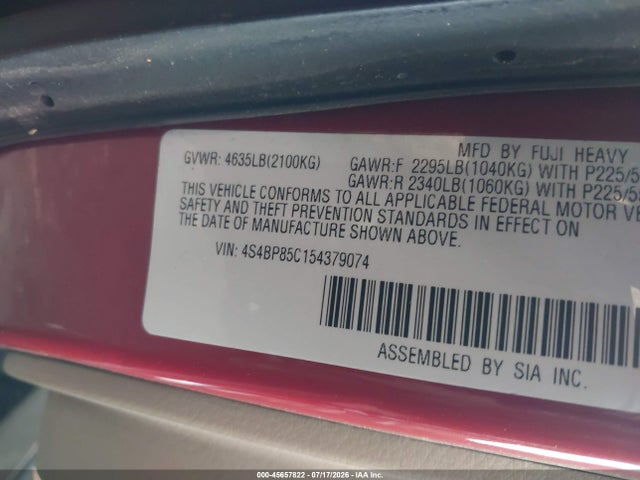 Aukcja sprzedaży 2005 Subaru Outback 3.0r Vdc Limited, vin: 4S4BP85C154379074, numer aukcji: 45657822