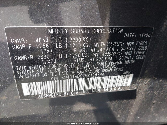 Продаж на аукціоні авто 2021 Subaru Outback Premium, vin: 4S4BTADC7M3139794, номер лоту: 45657832