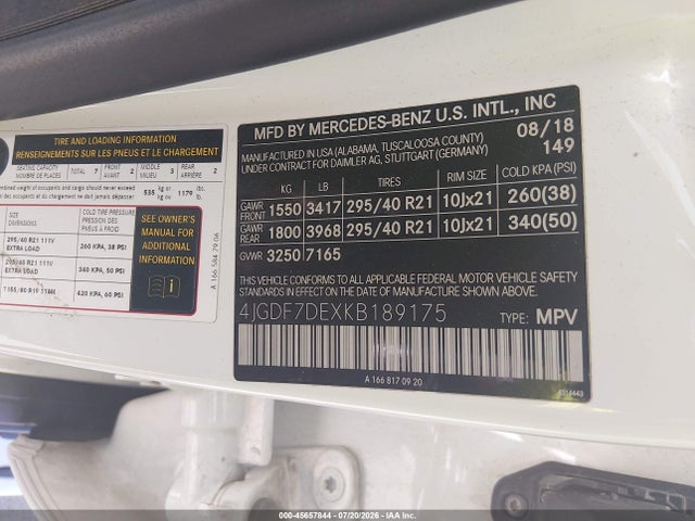 45657844 :رقم المزاد ، 4JGDF7DEXKB189175 vin ، 2019 Mercedes-benz Gls 550 4matic مزاد بيع