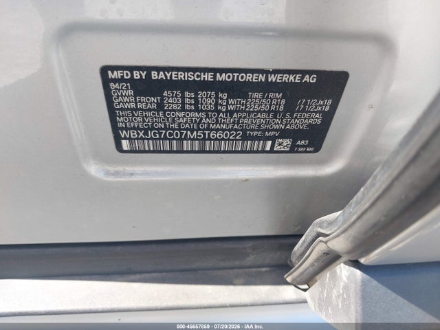 Aukcja sprzedaży 2021 Bmw X1 Sdrive28i, vin: WBXJG7C07M5T66022, numer aukcji: 45657859