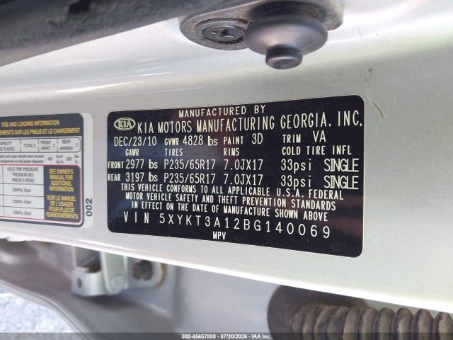 2011 Kia Sorento Lx მანქანა იყიდება აუქციონზე, vin: 5XYKT3A12BG140069, აუქციონის ნომერი: 45657888