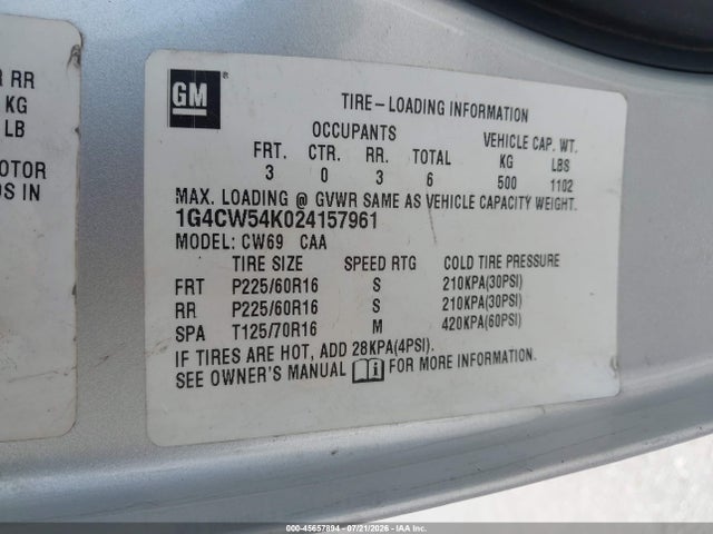2002 Buick Park Avenue მანქანა იყიდება აუქციონზე, vin: 1G4CW54K024157961, აუქციონის ნომერი: 45657894