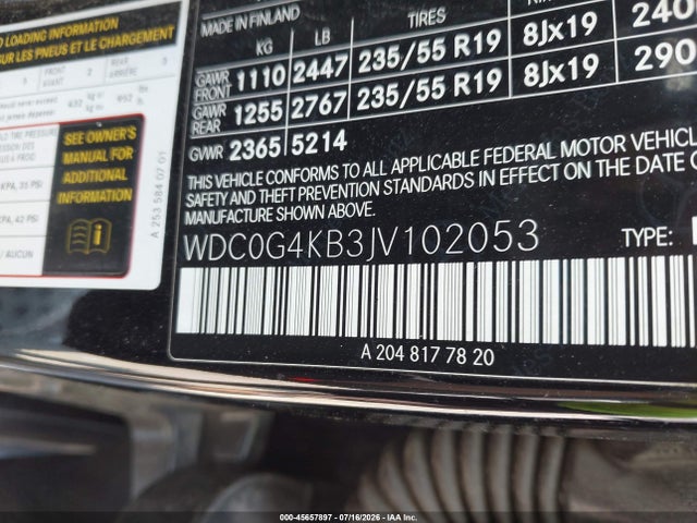45657897 :رقم المزاد ، WDC0G4KB3JV102053 vin ، 2018 Mercedes-benz Glc 300 4matic مزاد بيع