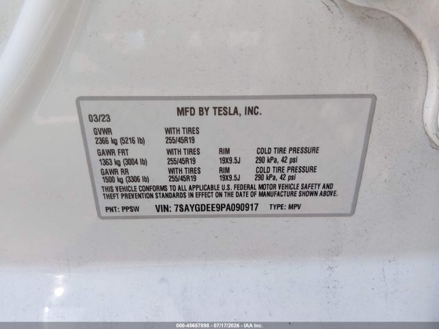 Aukcja sprzedaży 2023 Tesla Model Y Awd/long Range Dual Motor All-wheel Drive, vin: 7SAYGDEE9PA090917, numer aukcji: 45657898